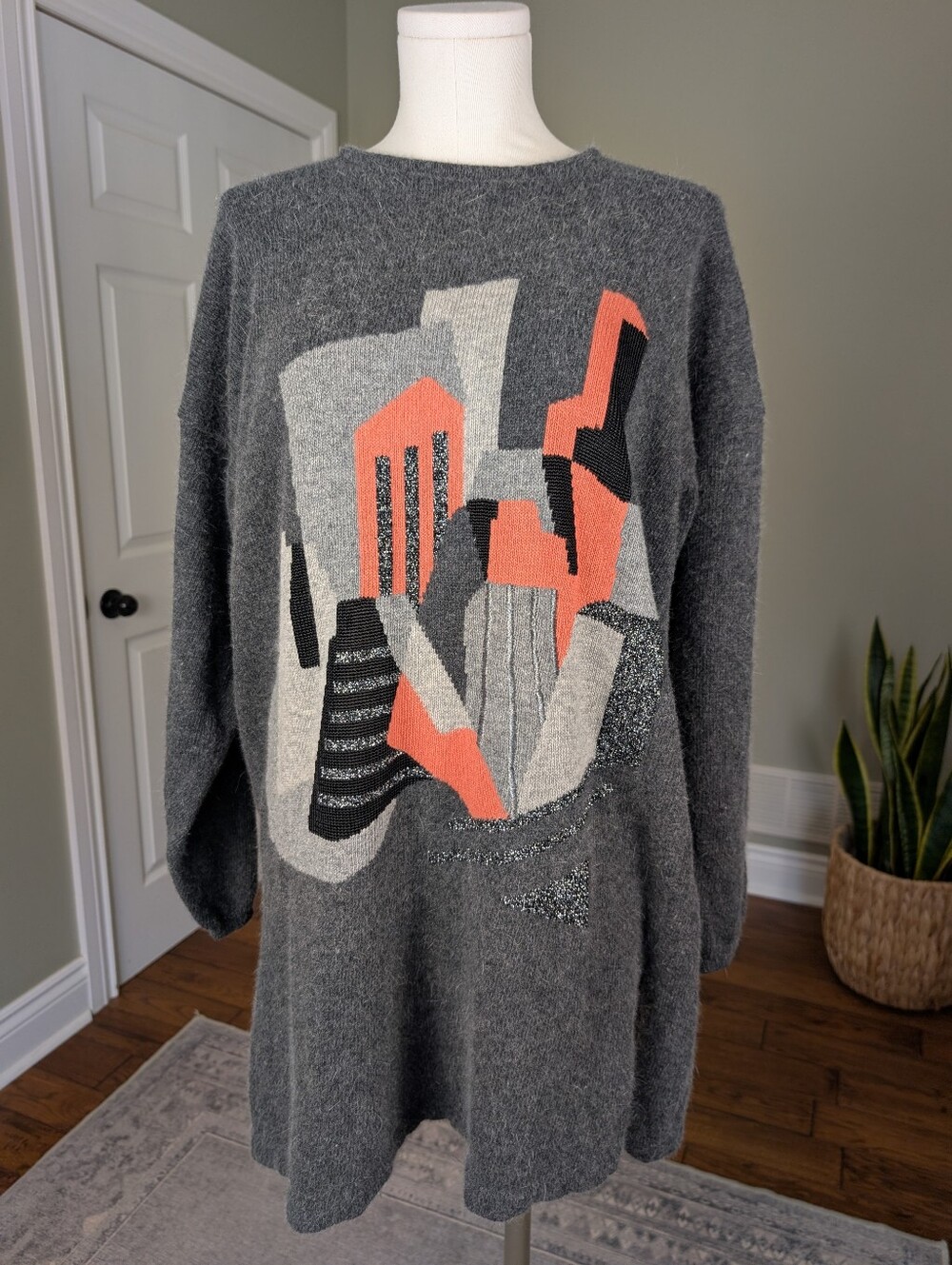 Vintage Olsen Wool Angora Abstract Graphic Tunic Sweater Gray Size 38 Medium